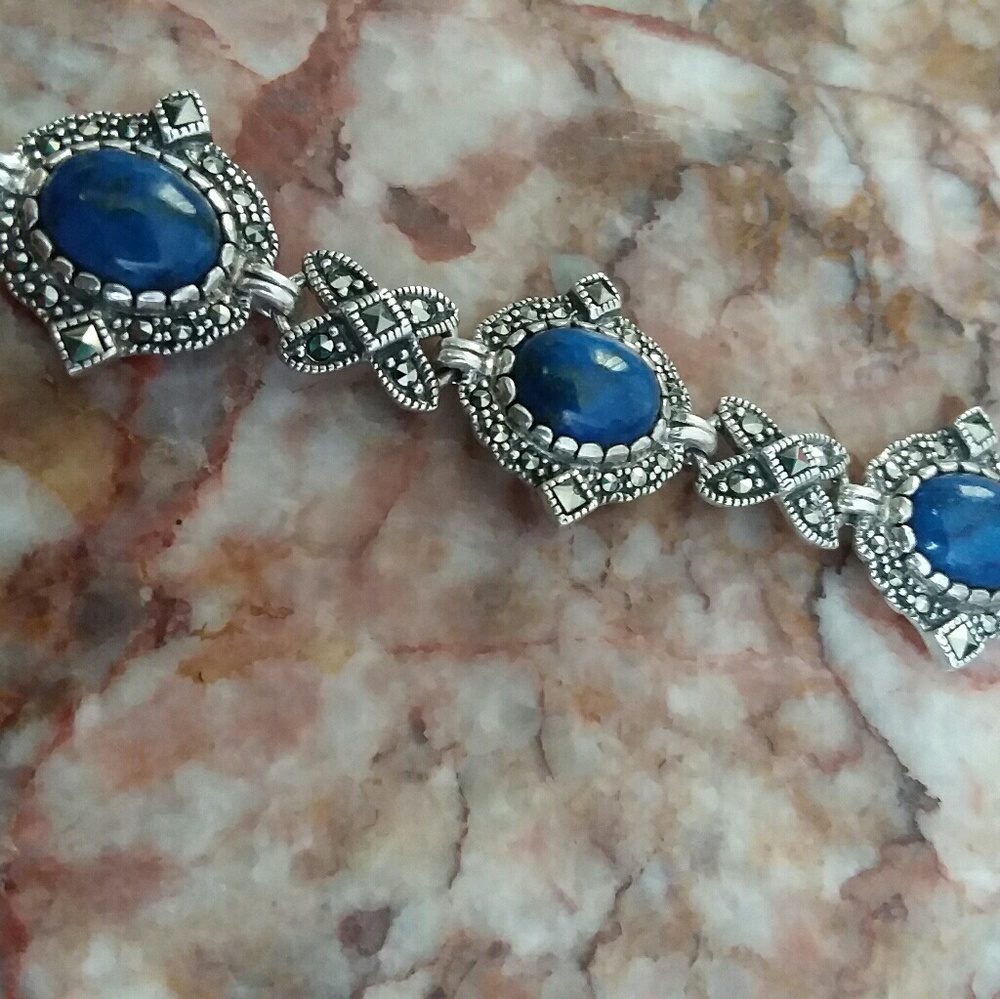 Lapis marcasite Station Bracelet 7.5" - Picture 1 of 7